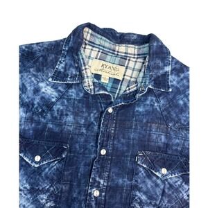 Ryan Michael Short Sleeve Shirt Blue Tie Dye Flannel Lined Pearl Snap Mens Lg